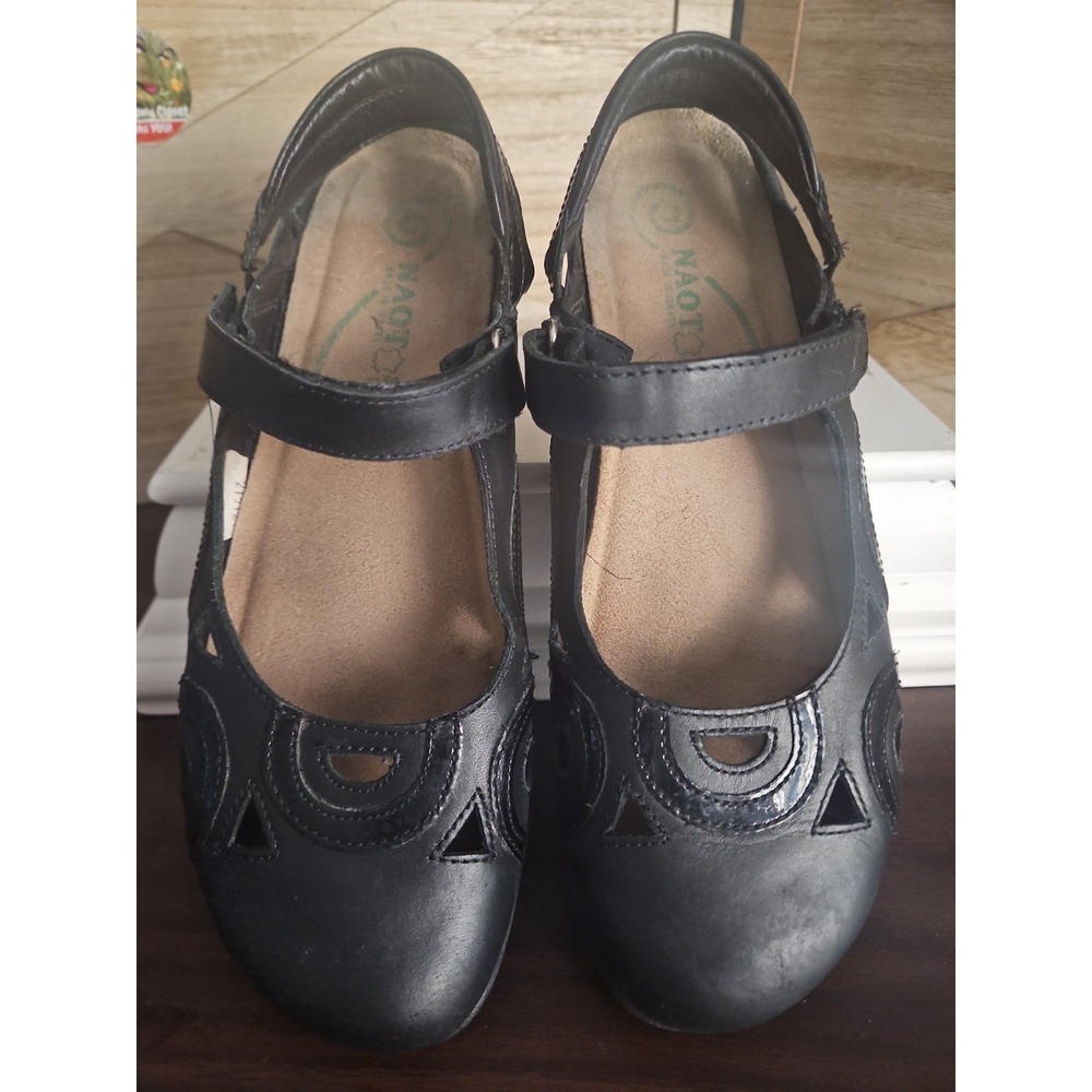 Naot Rongo Mary Jane Shoe Sz 38 Black Leather Slingback Preppy Cork Insole #603